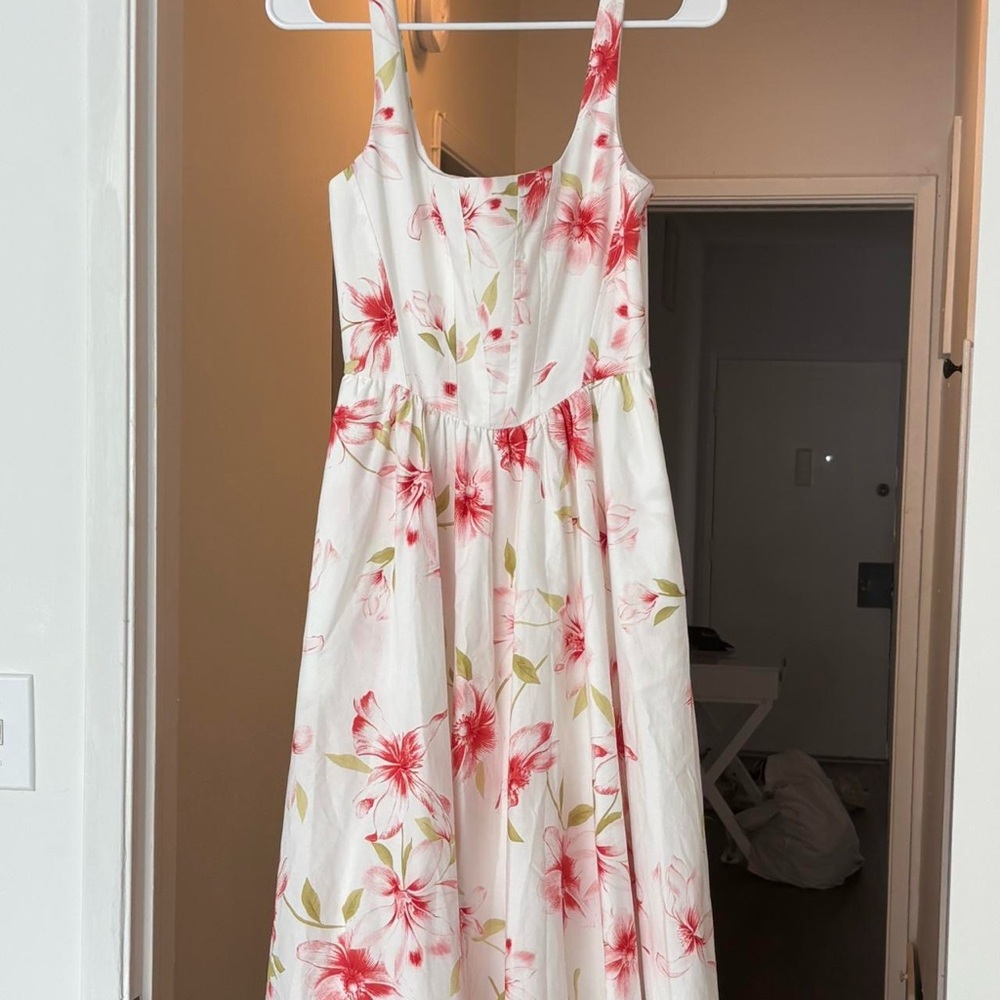 Wayf White and Pink Floral Midi Dress